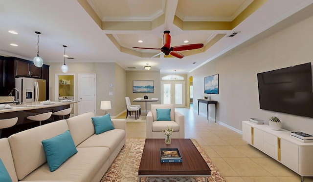 61 Grey Hawk Dr, Saint Augustine, FL 32092 - living area featuring crown molding, light tile patterned flooring, coffered ceiling, recessed lighting, and a ceiling fan