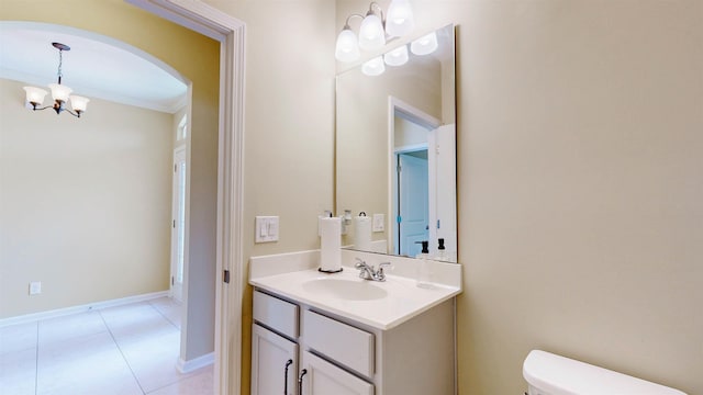 61 Grey Hawk Dr, Saint Augustine, FL 32092 - half bathroom featuring a chandelier, vanity, ornamental molding, and tile patterned floors