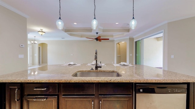 61 Grey Hawk Dr, Saint Augustine, FL 32092 - kitchen with dishwasher, arched walkways, crown molding, hanging light fixtures, and open floor plan