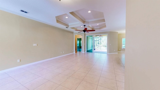 61 Grey Hawk Dr, Saint Augustine, FL 32092 - spare room with ornamental molding, a ceiling fan, light tile patterned flooring, coffered ceiling, and recessed lighting