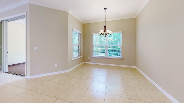 61 Grey Hawk Dr, Saint Augustine, FL 32092 - unfurnished dining area featuring crown molding, a chandelier, and light tile patterned floors