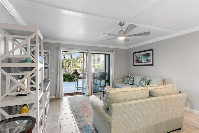 living room featuring ornamental molding, light tile patterned floors, and ceiling fan