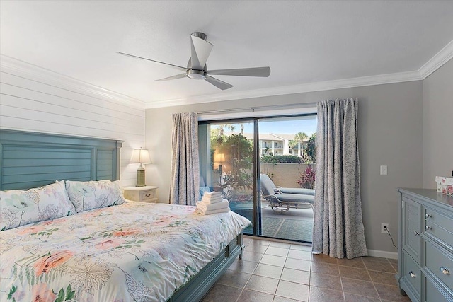 bedroom featuring access to exterior, crown molding, tile patterned floors, and ceiling fan