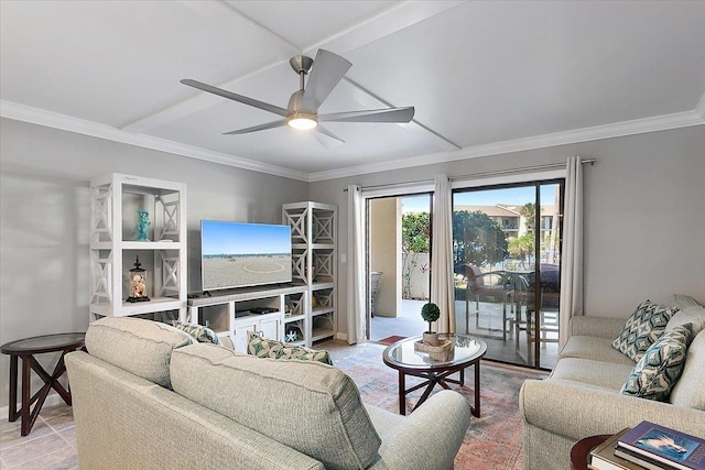 living room with crown molding and ceiling fan