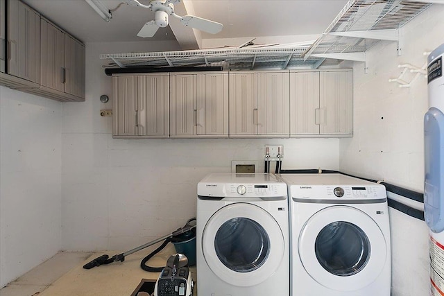 laundry room with ceiling fan and washing machine and dryer