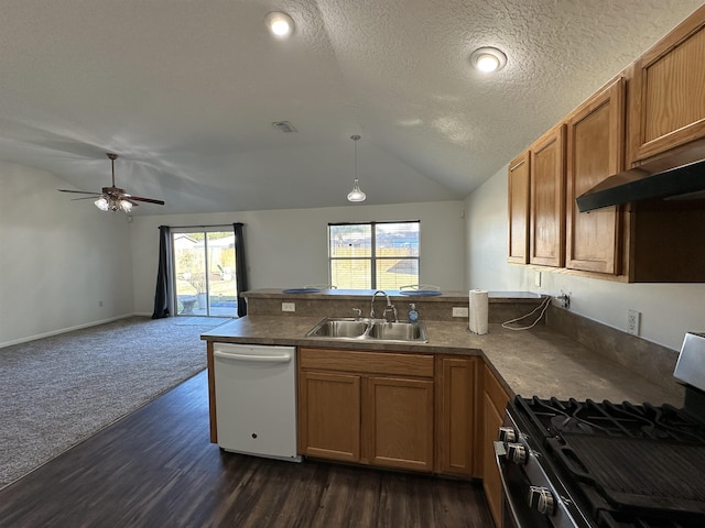 kitchen featuring dishwasher, stainless steel gas stove, sink, vaulted ceiling, and ceiling fan