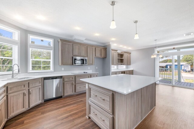 kitchen with hanging light fixtures, dark wood-type flooring, sink, and stainless steel appliances