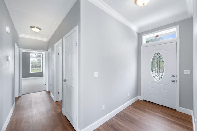 entrance foyer featuring hardwood / wood-style flooring and ornamental molding