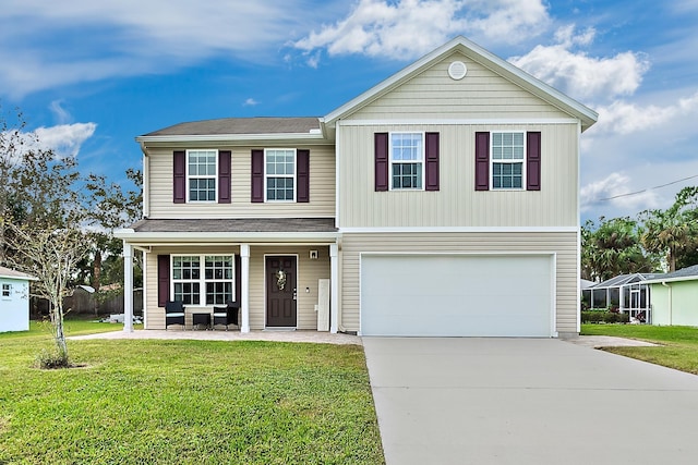 front of property with covered porch, a garage, and a front lawn