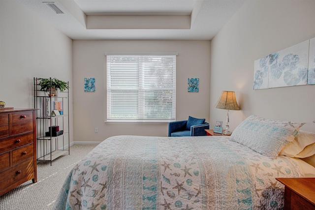 bedroom with a raised ceiling and light carpet