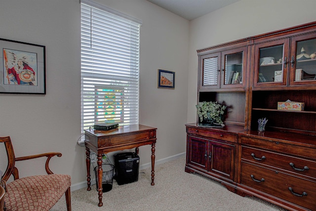 office area featuring light carpet