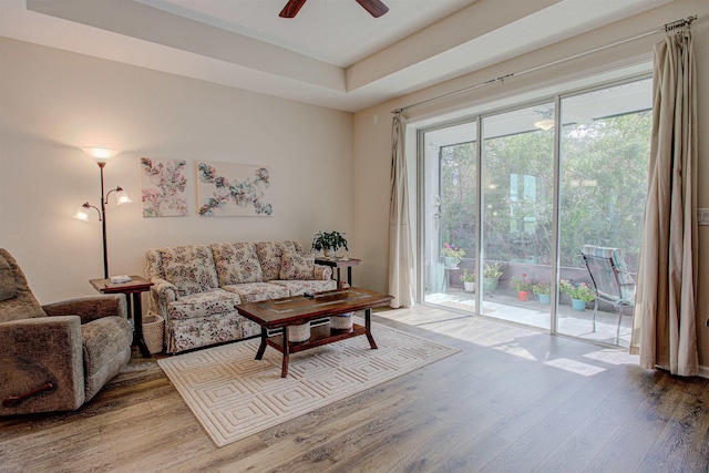 living room with hardwood / wood-style floors, a tray ceiling, and ceiling fan