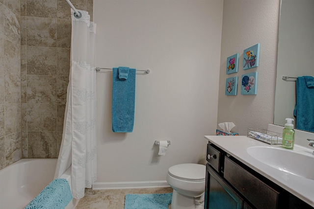 full bathroom featuring tile patterned floors, vanity, toilet, and shower / tub combo with curtain