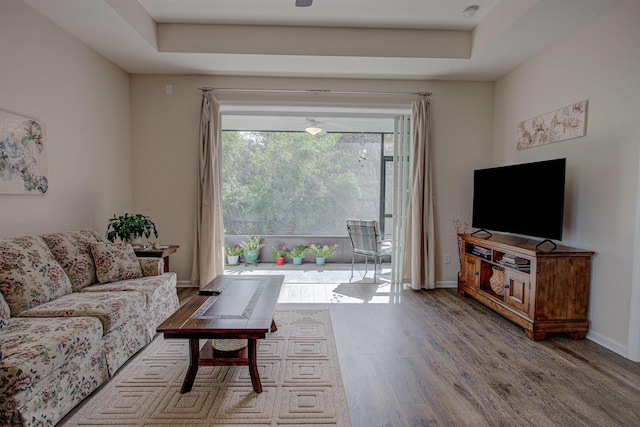 living room featuring hardwood / wood-style flooring and a tray ceiling