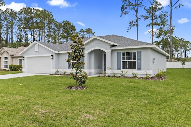 10 Reine Pl, Palm Coast, FL 32164 - ranch-style home with a shingled roof, an attached garage, concrete driveway, and stucco siding