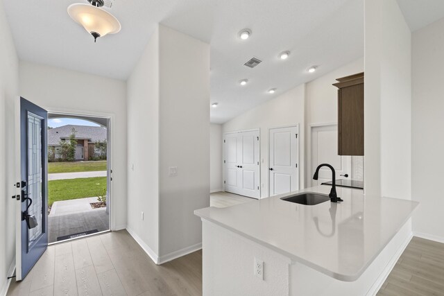 10 Reine Pl, Palm Coast, FL 32164 - kitchen with a sink, light wood-style flooring, baseboards, and lofted ceiling