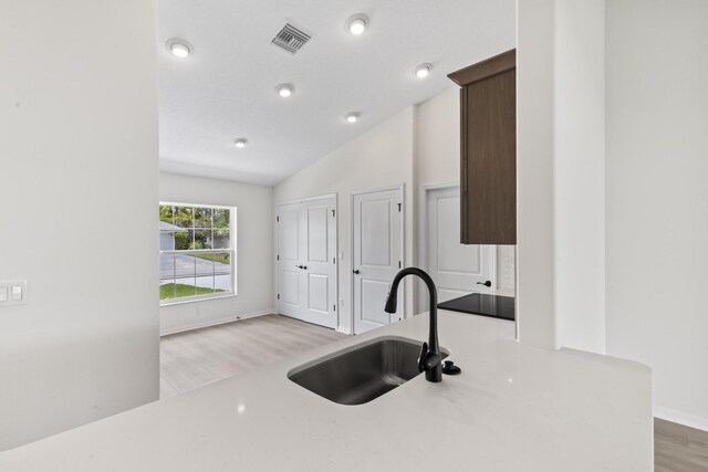10 Reine Pl, Palm Coast, FL 32164 - kitchen featuring a sink, light wood-style flooring, vaulted ceiling, baseboards, and light countertops
