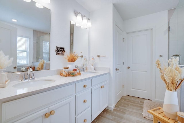 bathroom with a shower with door and vanity