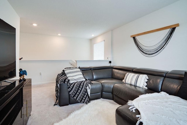 living room with light colored carpet