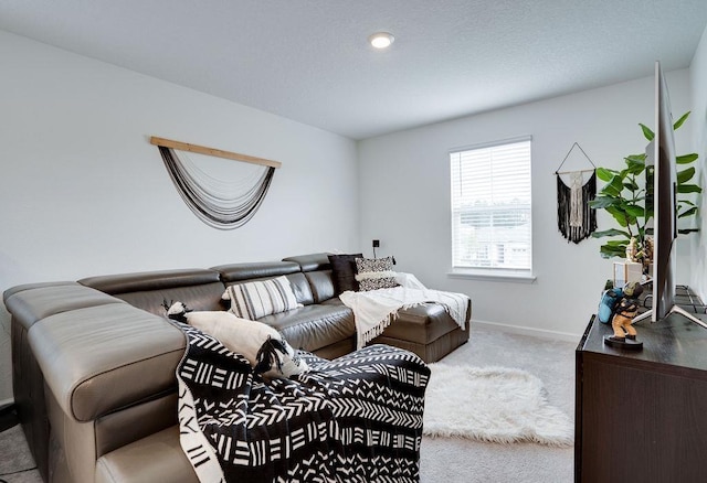 living room featuring light carpet