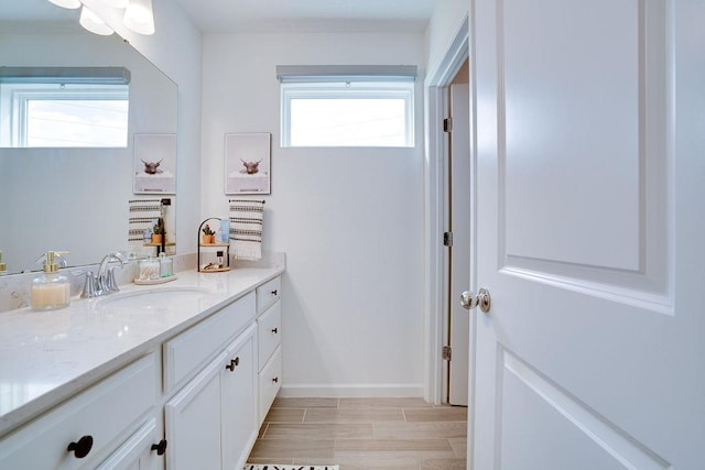 bathroom with wood-type flooring and vanity