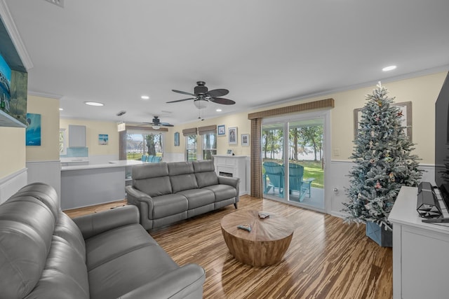 living area with ornamental molding, wainscoting, wood finished floors, and recessed lighting