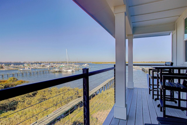 wooden deck with a water view