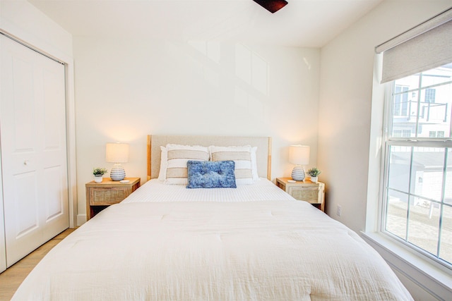 bedroom with multiple windows, a closet, and light wood-type flooring