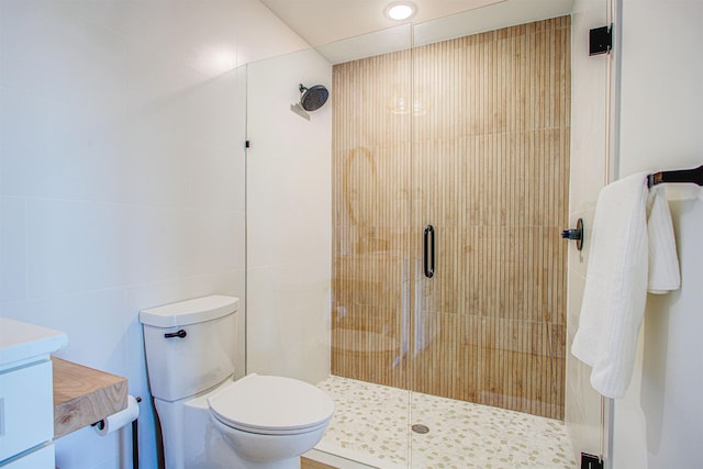 bathroom with vanity, toilet, a shower with door, and tile walls