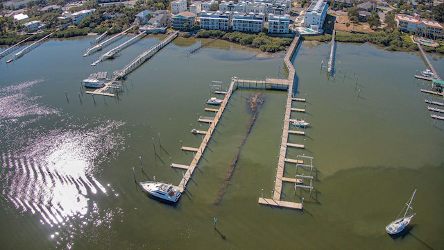 bird's eye view with a water view