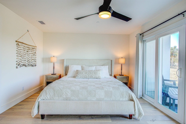 bedroom with access to outside, ceiling fan, and light hardwood / wood-style floors