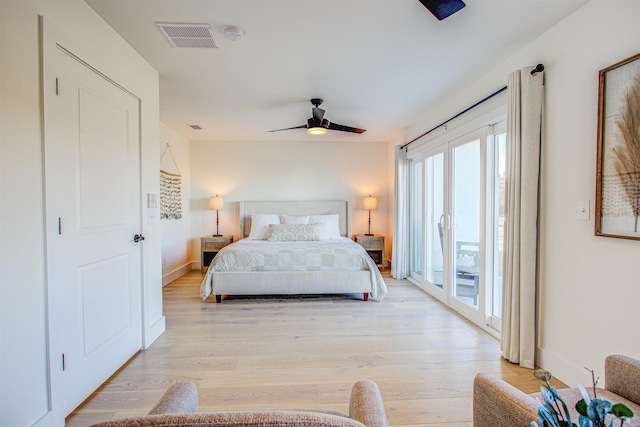 bedroom with access to outside, ceiling fan, and light hardwood / wood-style floors