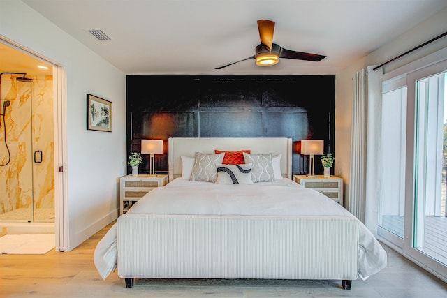 bedroom featuring connected bathroom, access to exterior, light hardwood / wood-style flooring, and ceiling fan