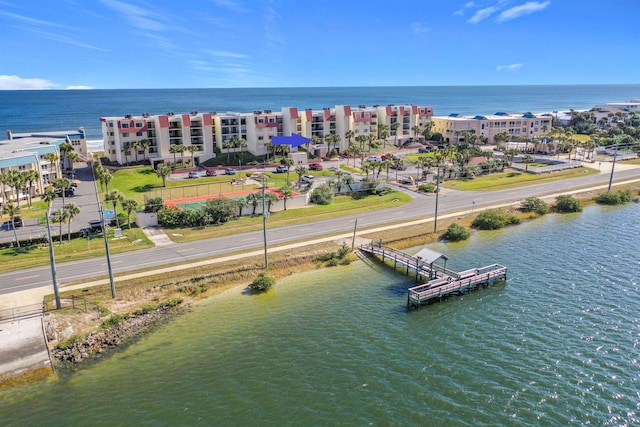 bird's eye view with a water view