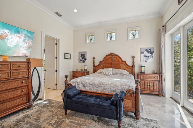 bedroom featuring crown molding and access to outside