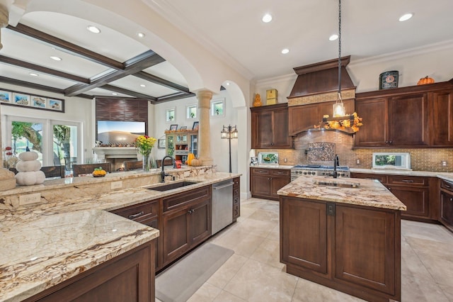 1332 Ponte Vedra Blvd, Ponte Vedra Beach, FL 32082 - kitchen with a sink, stainless steel dishwasher, ornate columns, tasteful backsplash, and beam ceiling