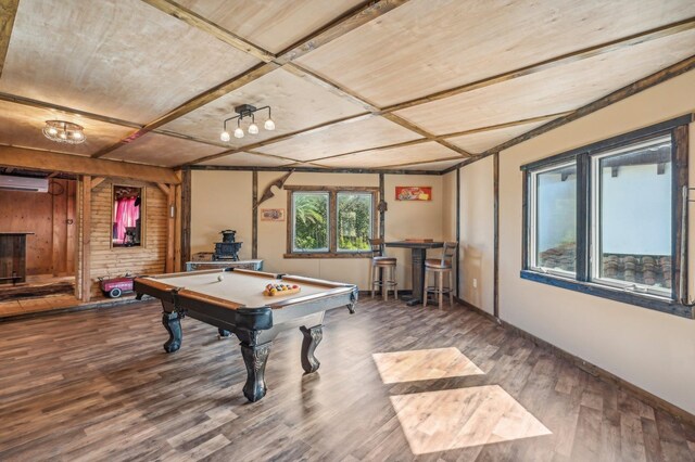 playroom featuring a wall mounted AC, hardwood / wood-style flooring, and pool table