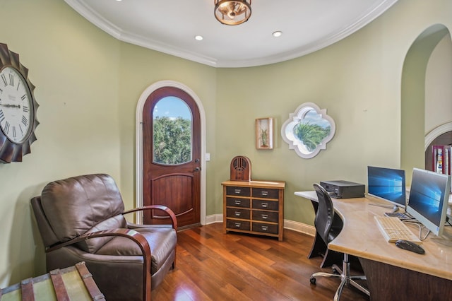 home office featuring crown molding and dark hardwood / wood-style flooring