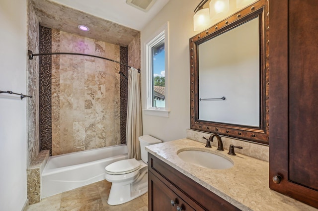 full bathroom with tile patterned flooring, vanity, shower / bath combo, and toilet