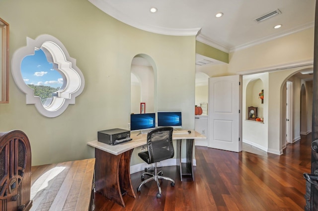 office space with dark hardwood / wood-style floors and crown molding