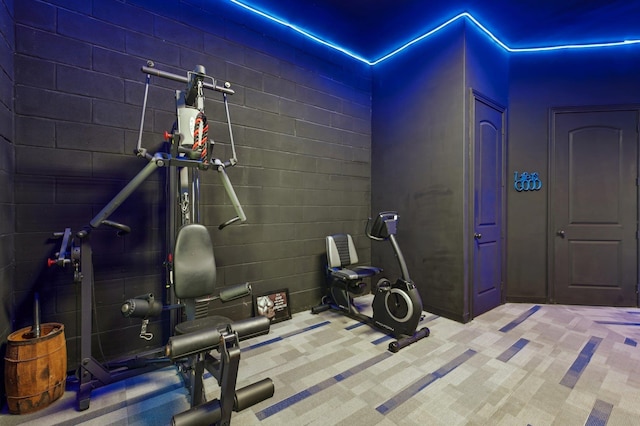 workout area with carpet flooring