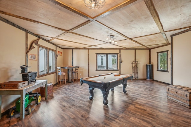 game room featuring dark wood-type flooring, a healthy amount of sunlight, and pool table