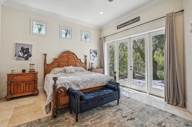 bedroom with access to exterior, crown molding, and french doors