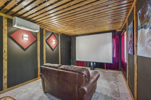 carpeted home theater room with a wall unit AC