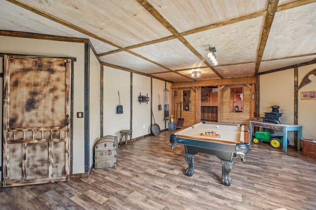 game room with wood-type flooring, billiards, and coffered ceiling