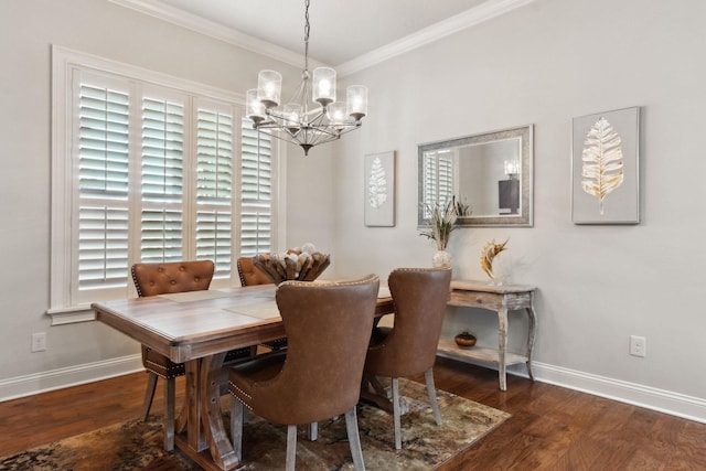 520 Weeping Willow Ln, Saint Augustine, FL 32080 - dining space with a chandelier, ornamental molding, baseboards, wood finished floors, and plenty of natural light