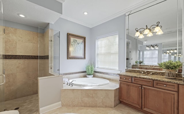 bathroom with tile patterned floors, crown molding, vanity, and independent shower and bath