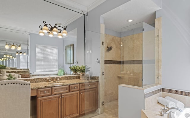 bathroom with separate shower and tub, crown molding, and vanity