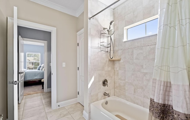 bathroom with ornamental molding, tile patterned floors, and shower / bath combo with shower curtain