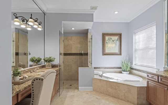 bathroom featuring vanity, separate shower and tub, and ornamental molding